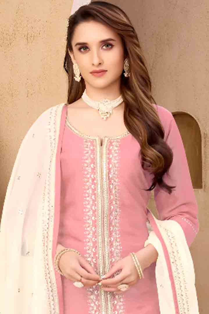 Dusty Pink Embroidered Suit Set with Ivory Dupatta