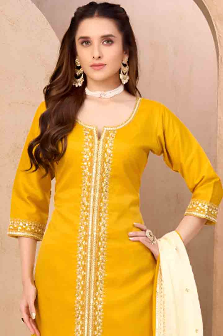 Yellow Embroidered Straight Suit Set with Dupatta