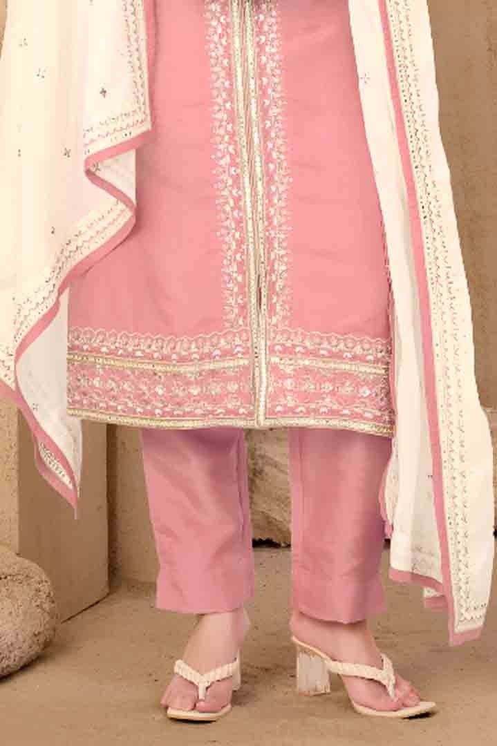 Dusty Pink Embroidered Suit Set with Ivory Dupatta