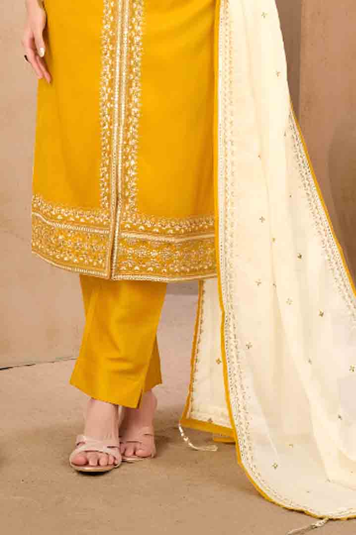 Yellow Embroidered Straight Suit Set with Dupatta