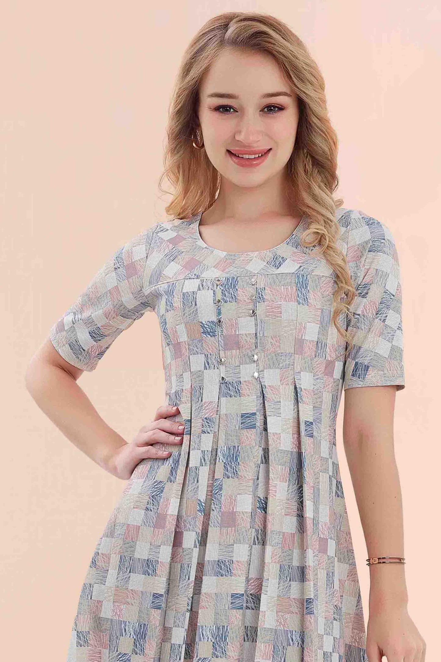 Pastel Check Printed Skater Midi Dress with Pleated Front