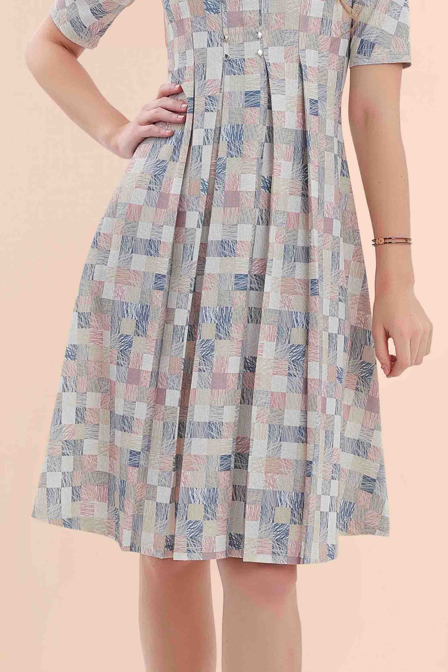 Pastel Check Printed Skater Midi Dress with Pleated Front