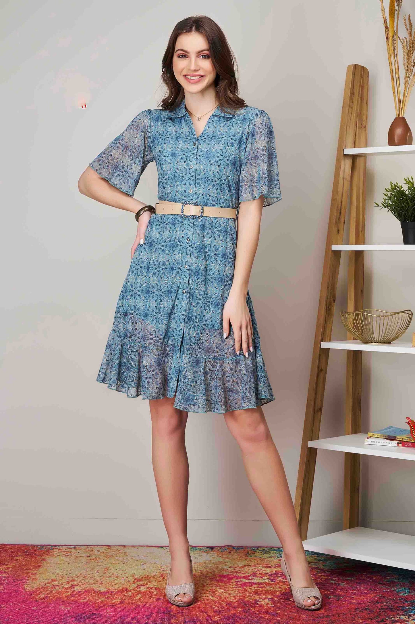 Blue Printed Flared Midi Dress with Belt & Frill Hem