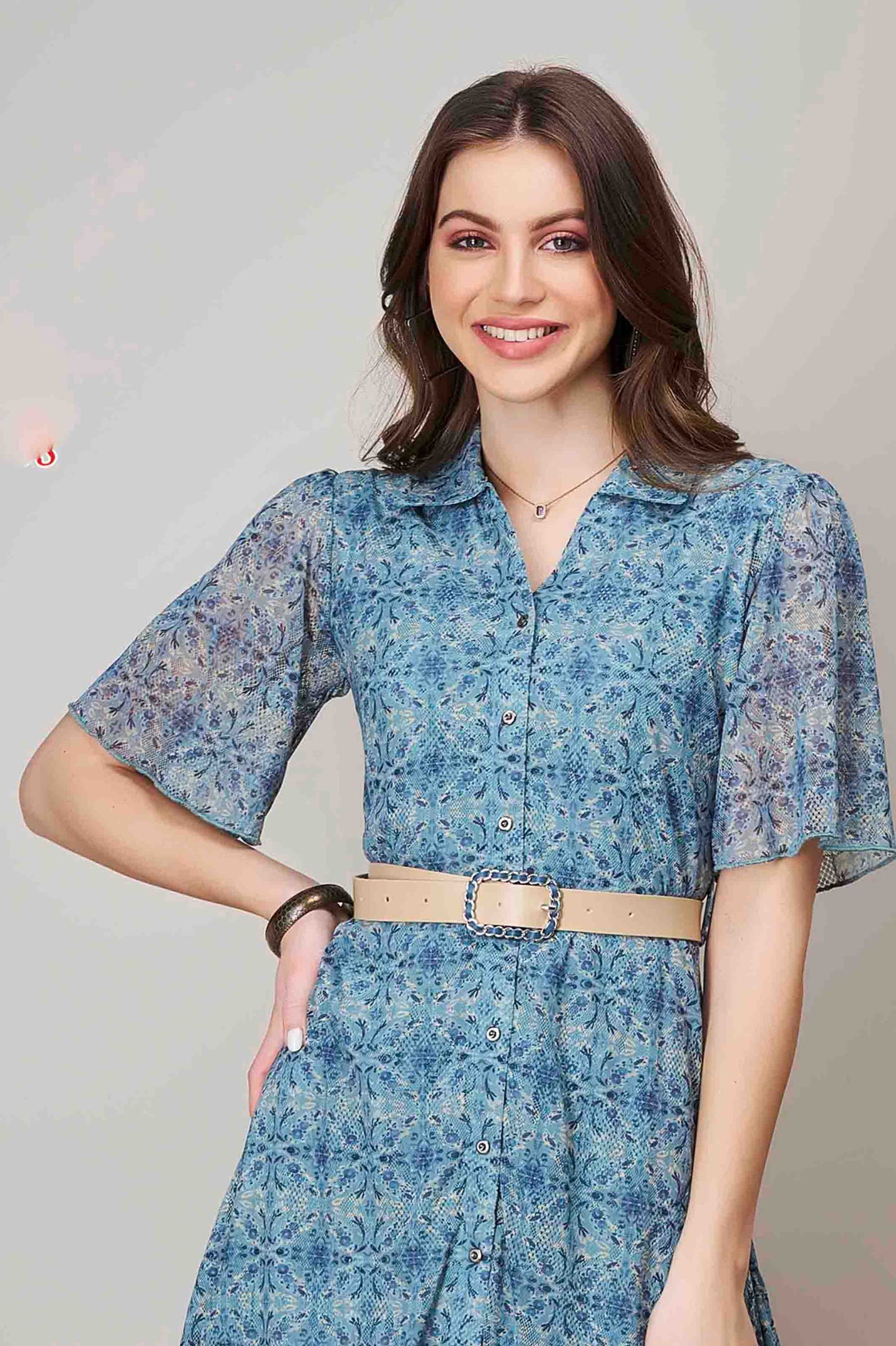 Blue Printed Flared Midi Dress with Belt & Frill Hem