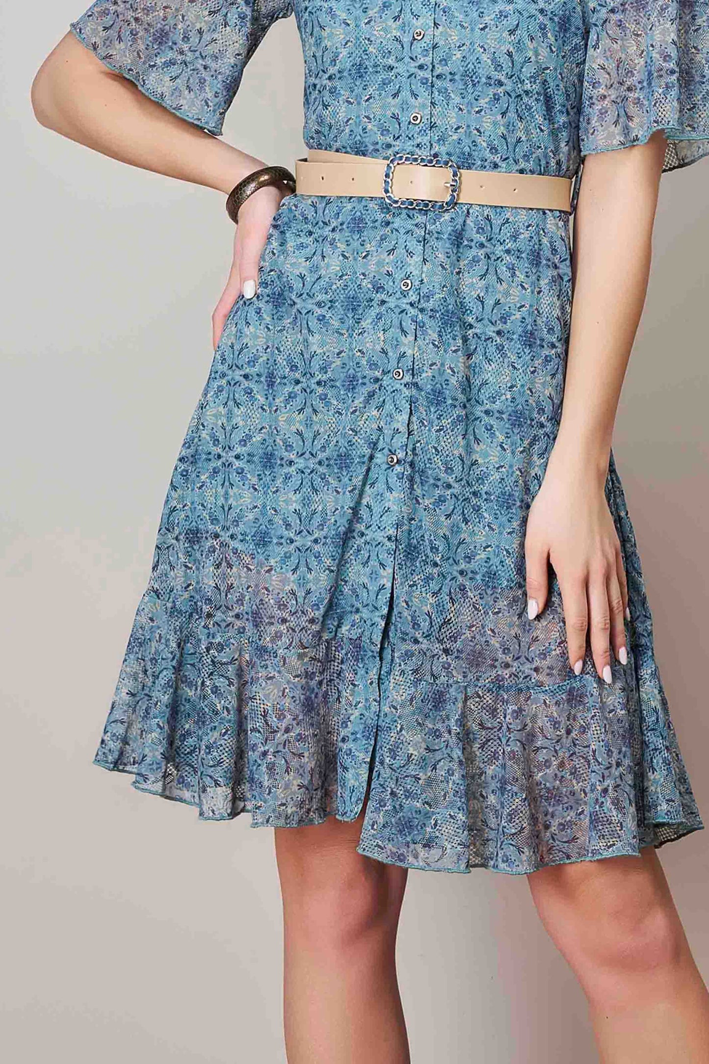 Blue Printed Flared Midi Dress with Belt & Frill Hem