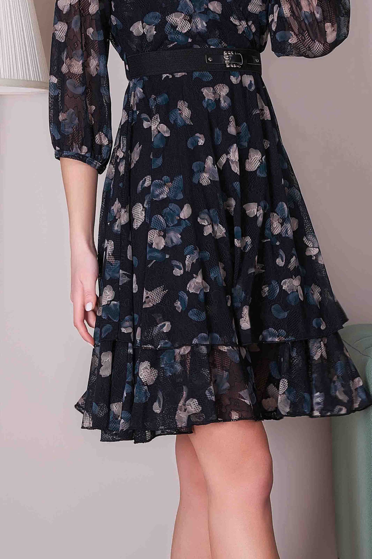 Black Floral Flared Mini Dress with Belt & Layered Hem