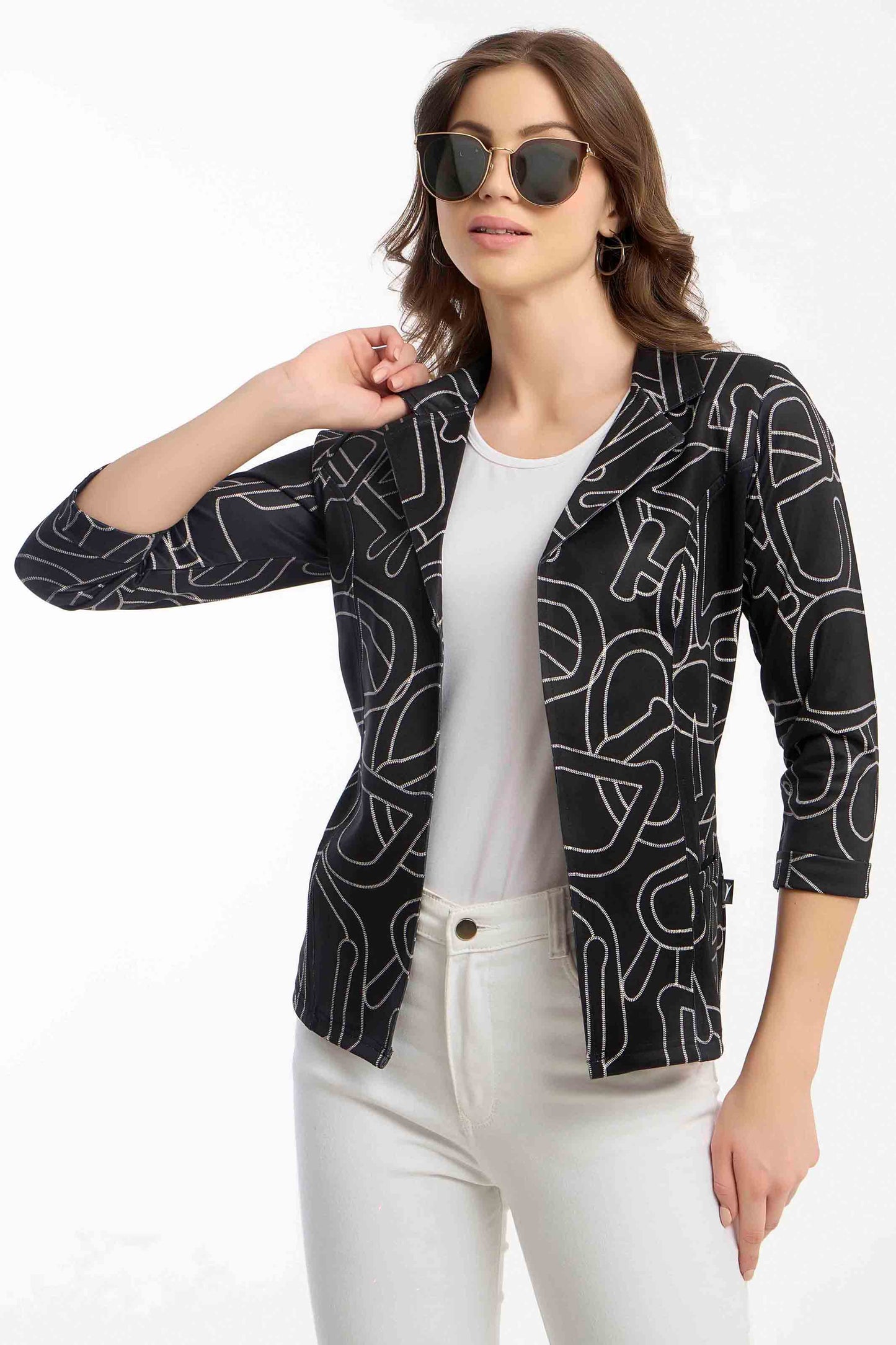 Women's Black Abstract Print Casual Blazer Jacket