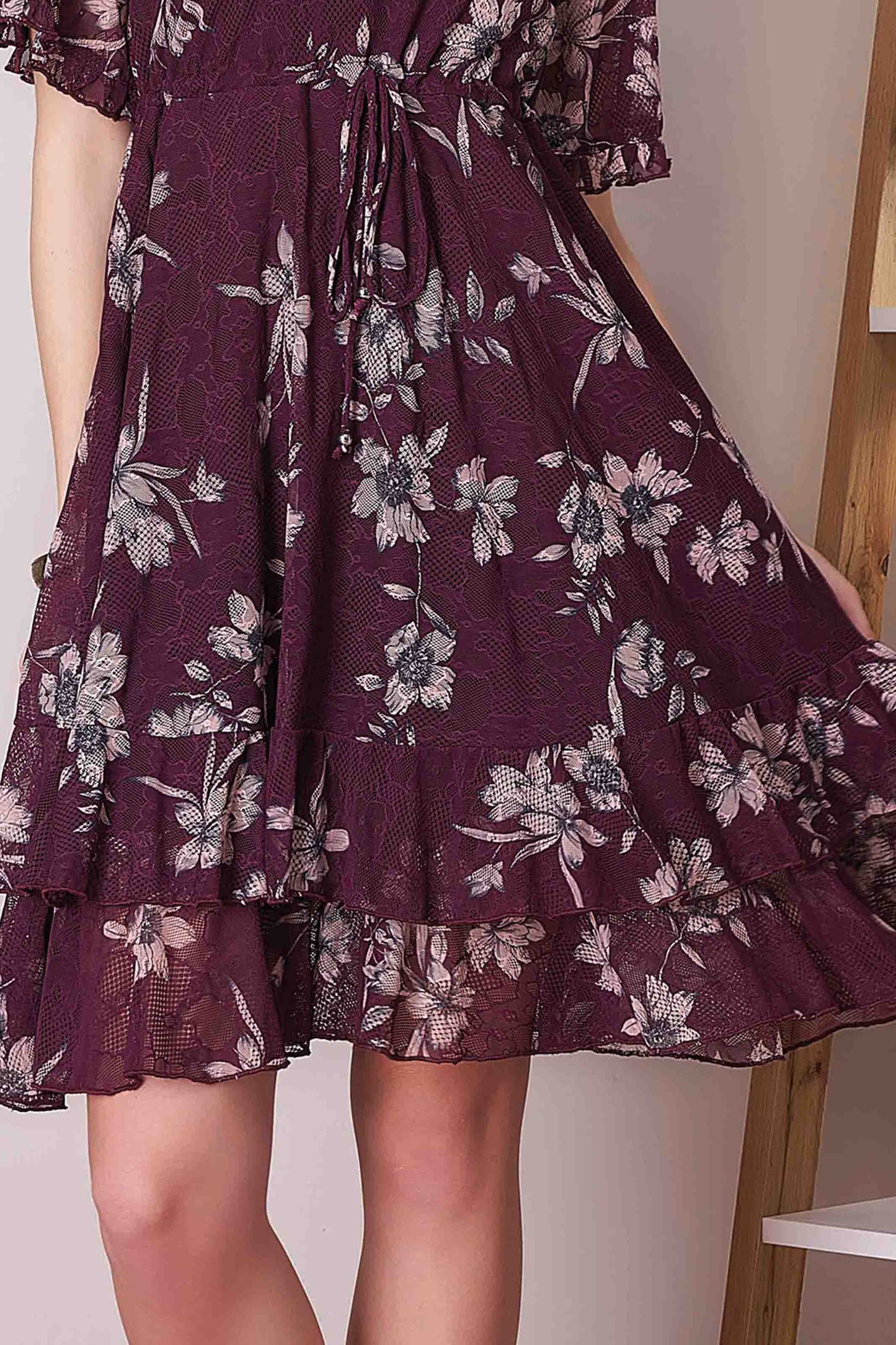 Wine Floral Flared Mini Dress with Drawstring Waist & Ruffle Hem
