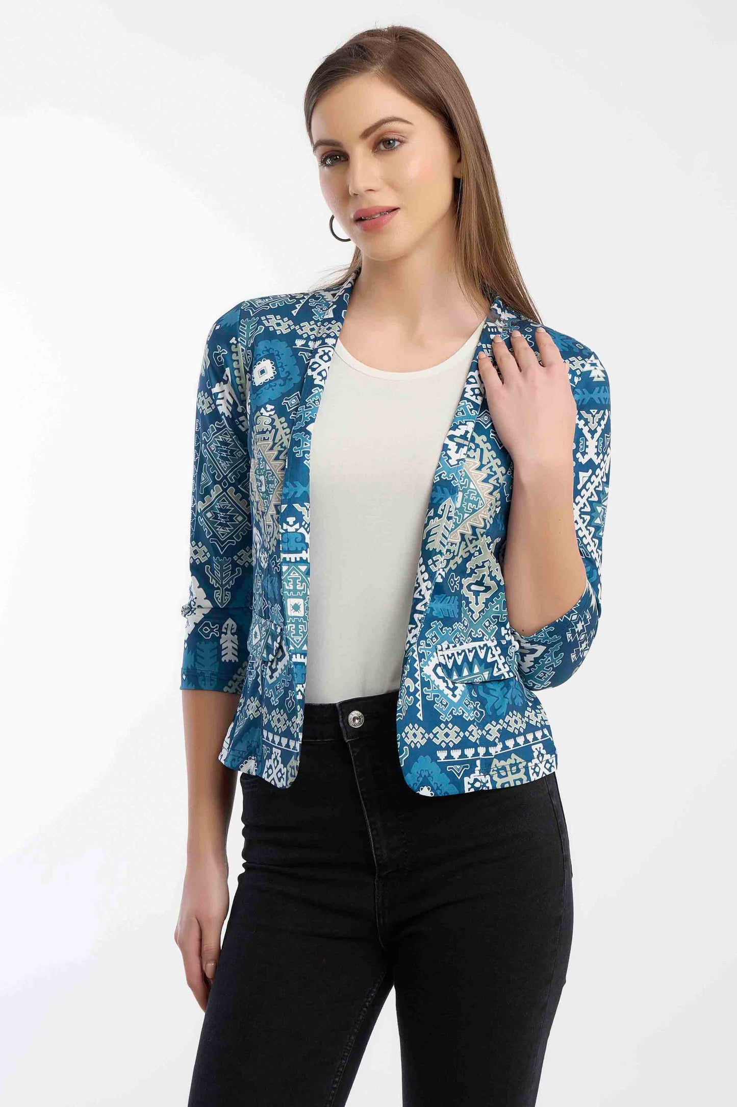 Women's Blue Ethnic Print Casual Blazer Jacket
