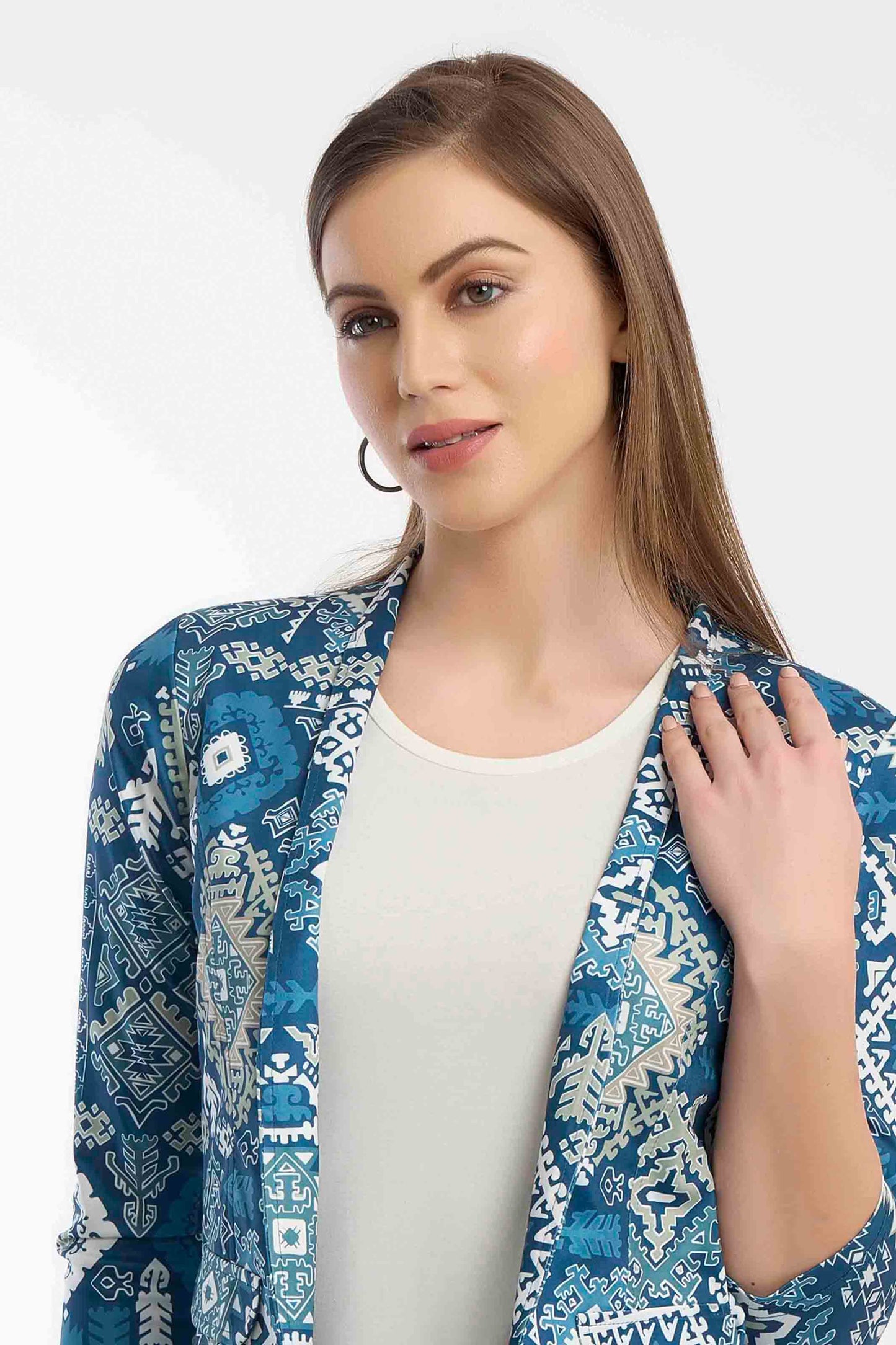 Women's Blue Ethnic Print Casual Blazer Jacket