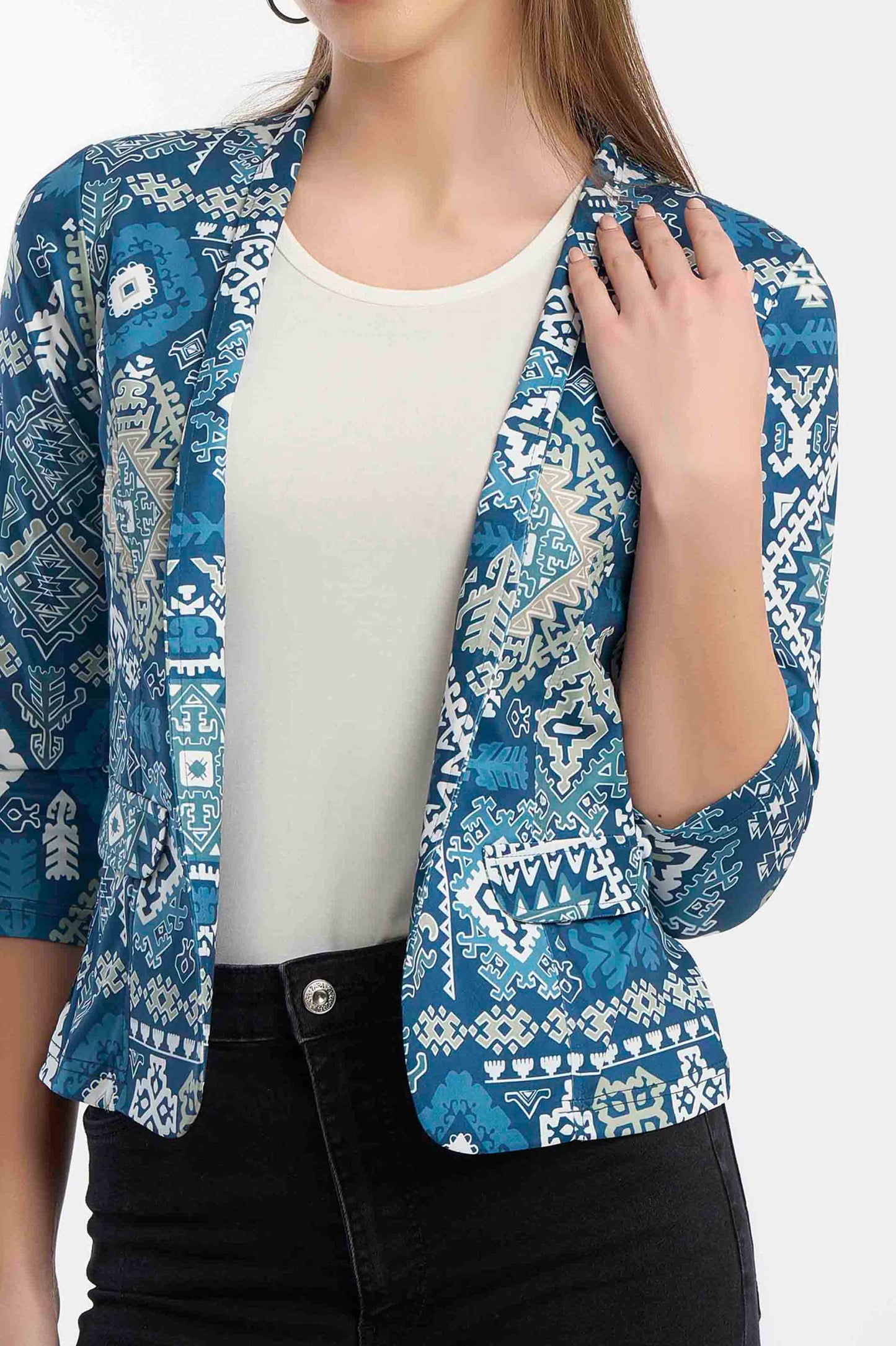 Women's Blue Ethnic Print Casual Blazer Jacket