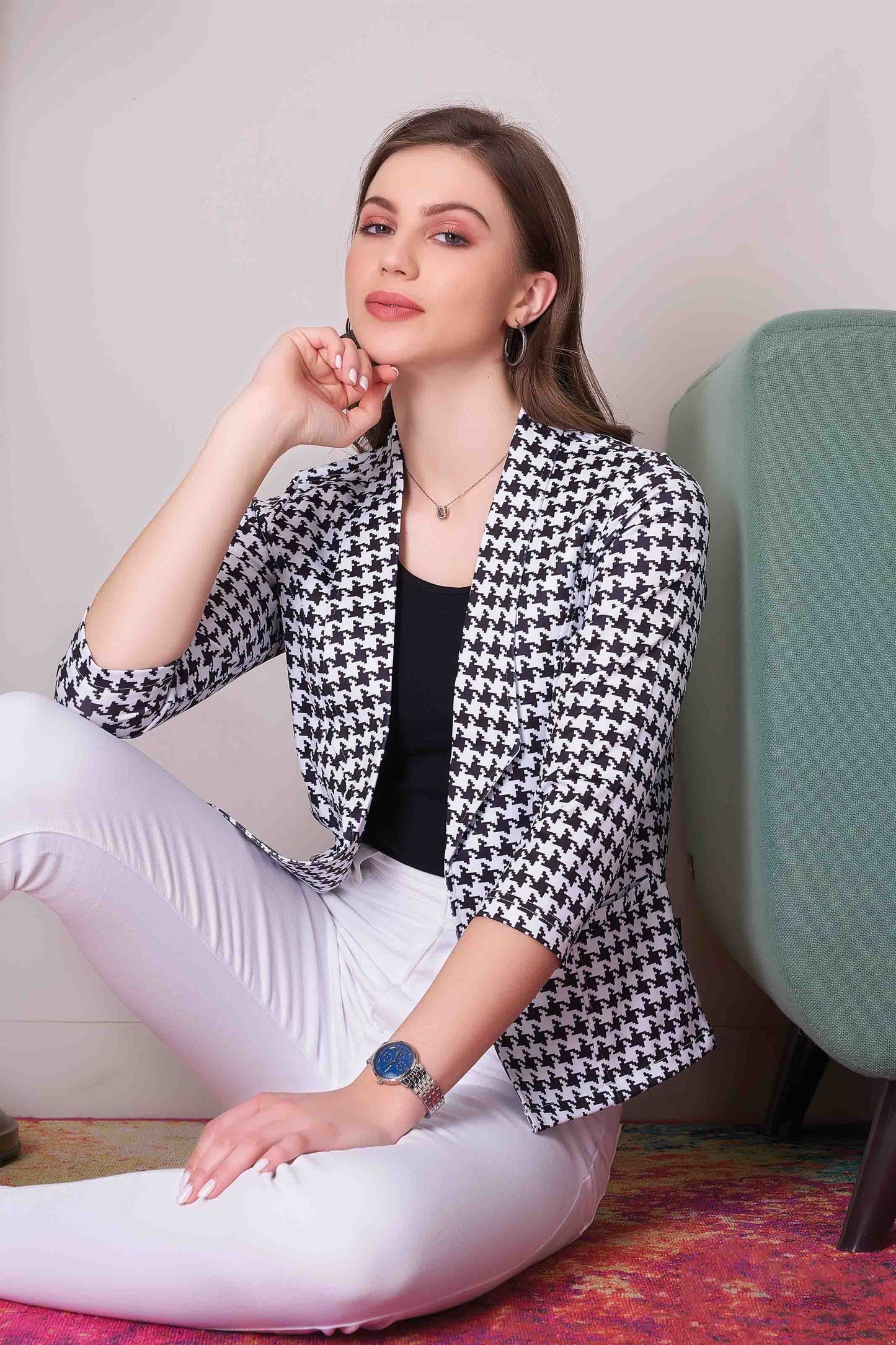 Women's Classic Black and White Checkered Blazer Jacket