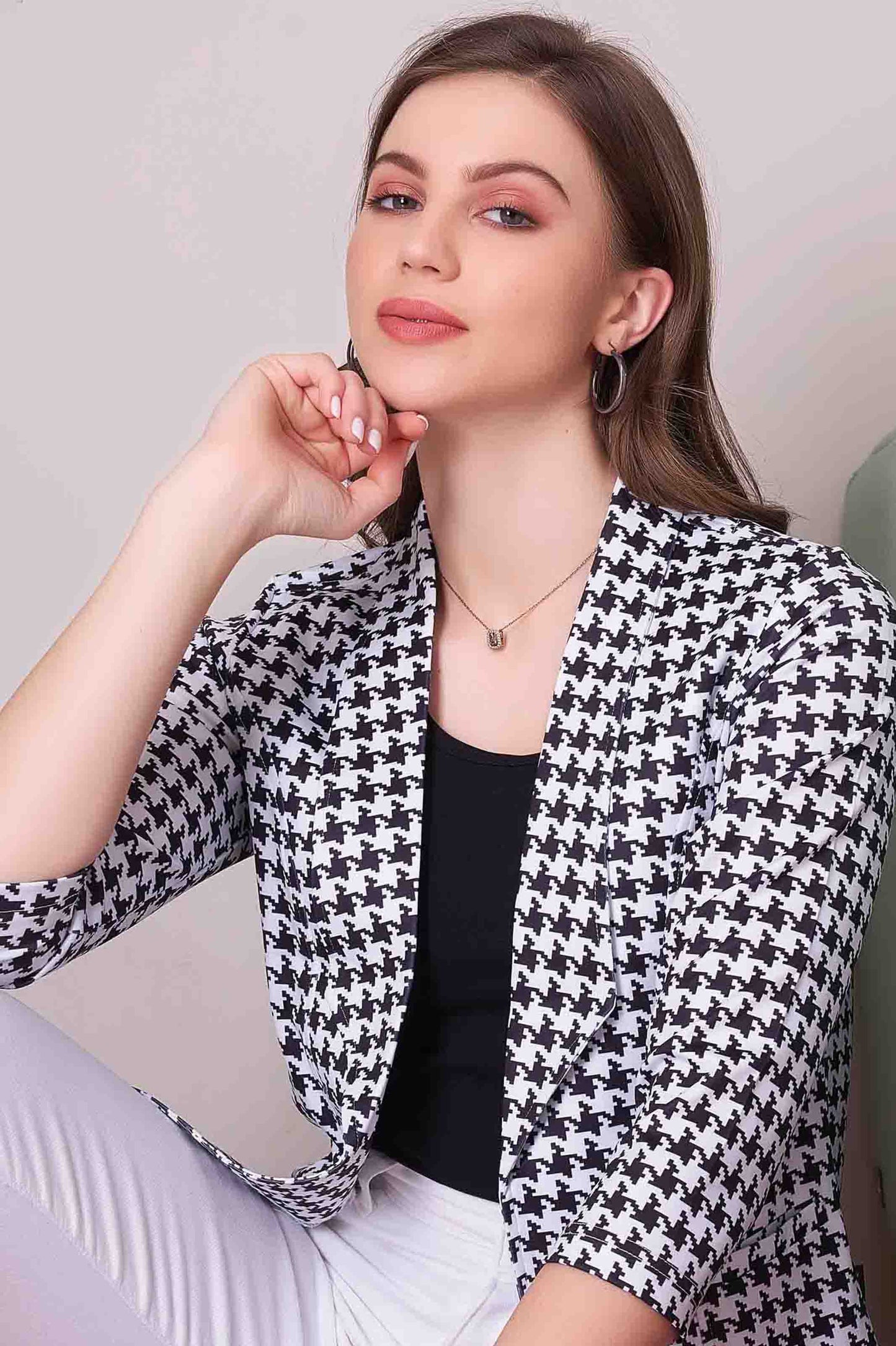 Women's Classic Black and White Checkered Blazer Jacket