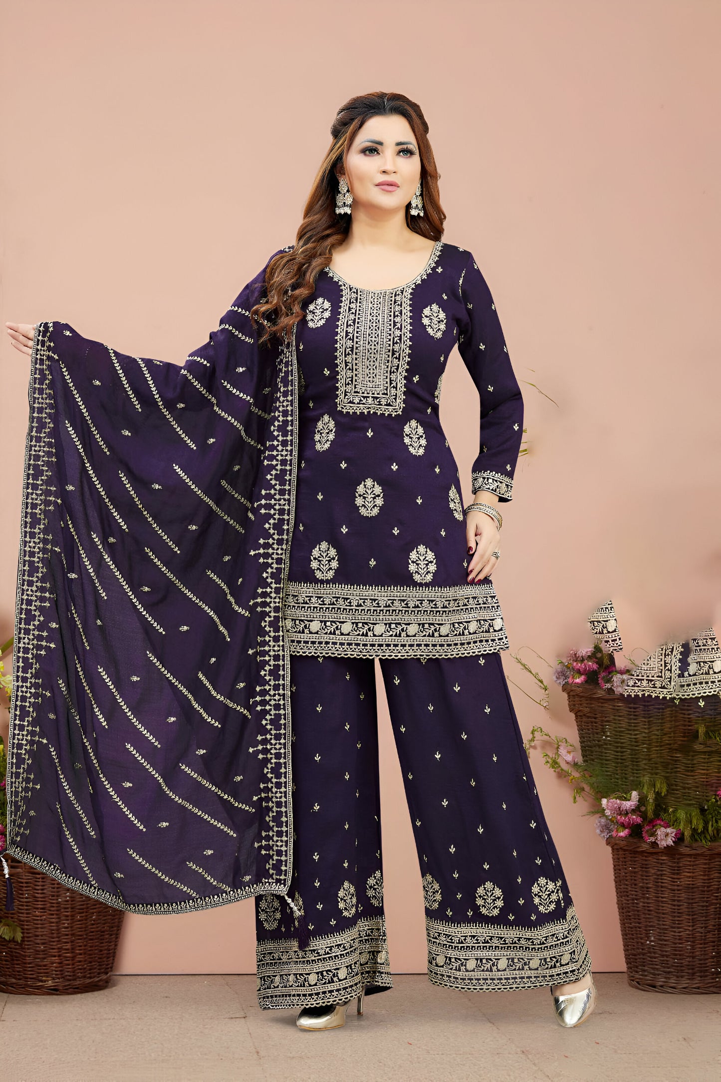 Navy Blue Embroidered Palazzo Suit.