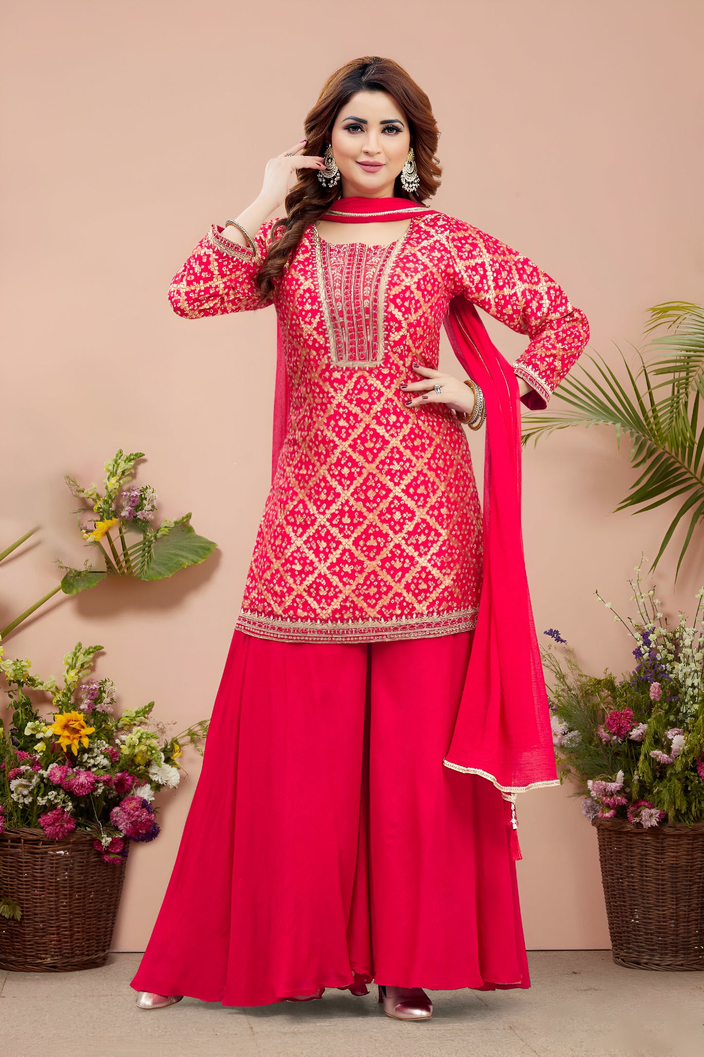 Red and Gold Print Palazzo Suit.