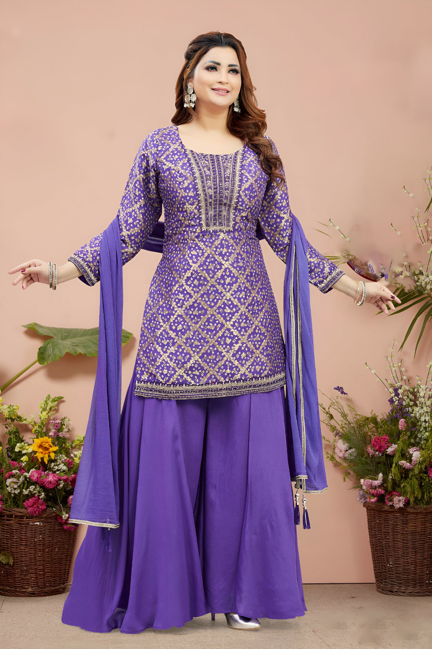 Purple and Gold Print Palazzo Suit