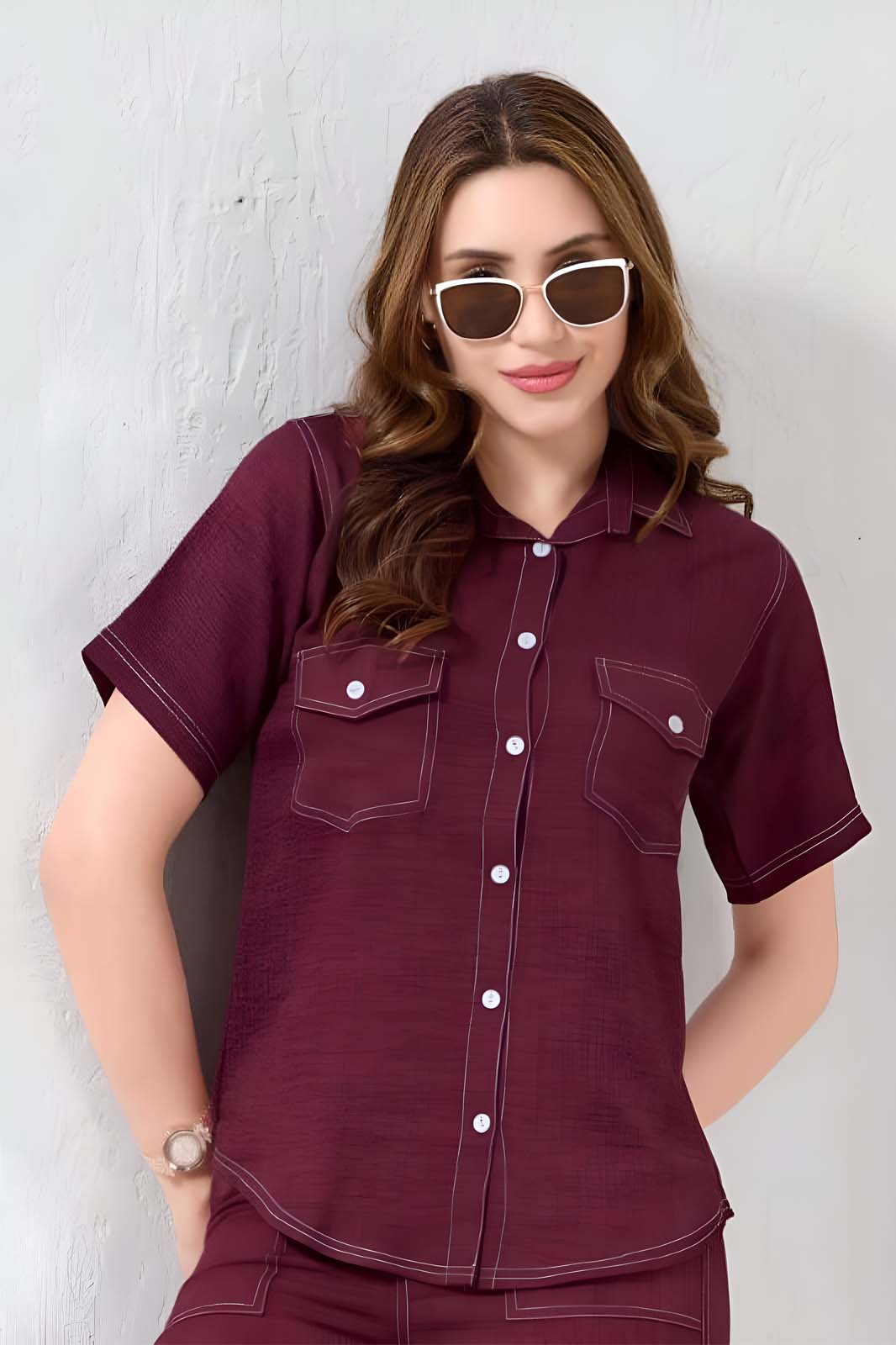Maroon Solid Co-ord Set with Cargo Pants in Linen