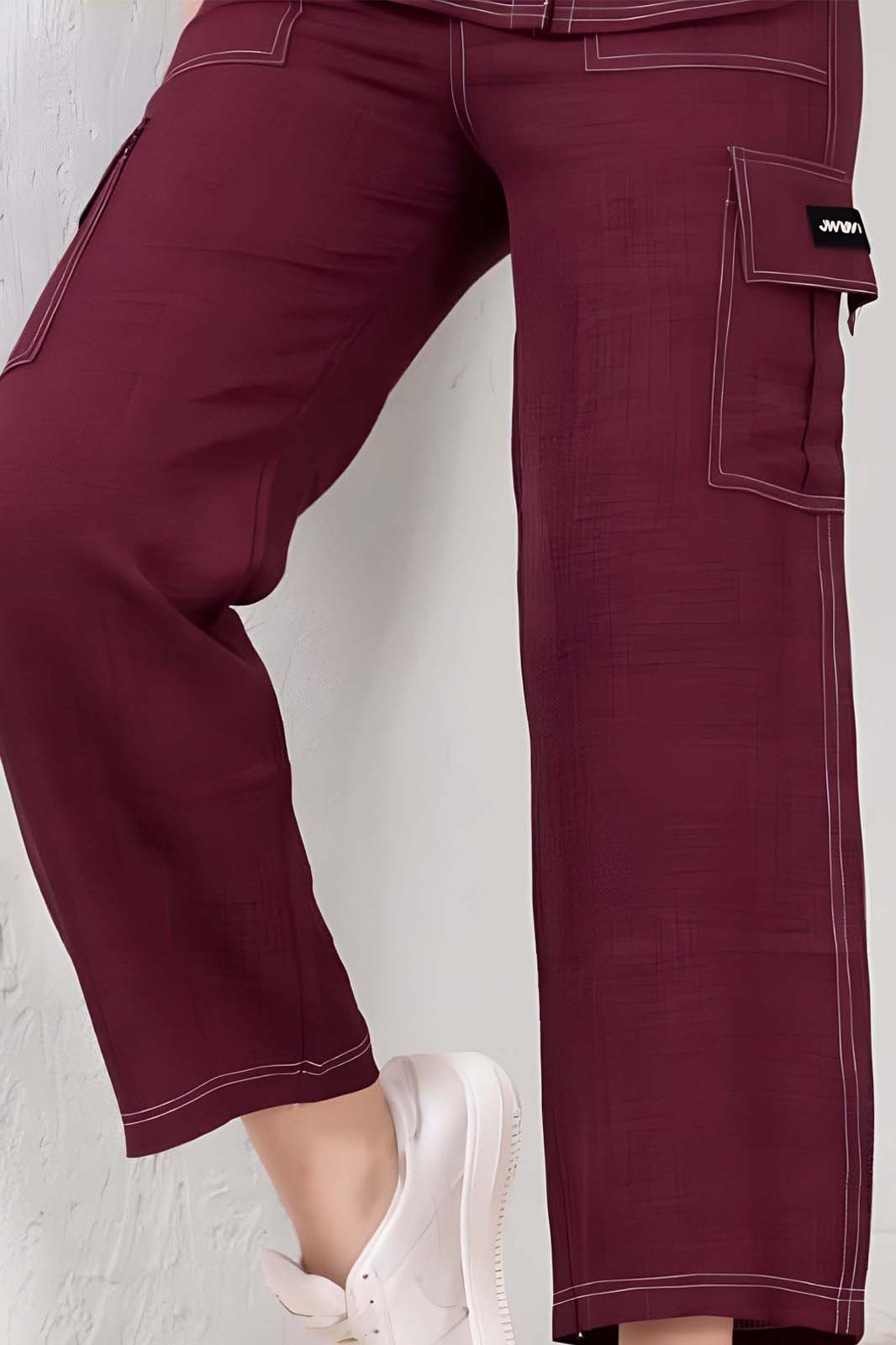 Maroon Solid Co-ord Set with Cargo Pants in Linen