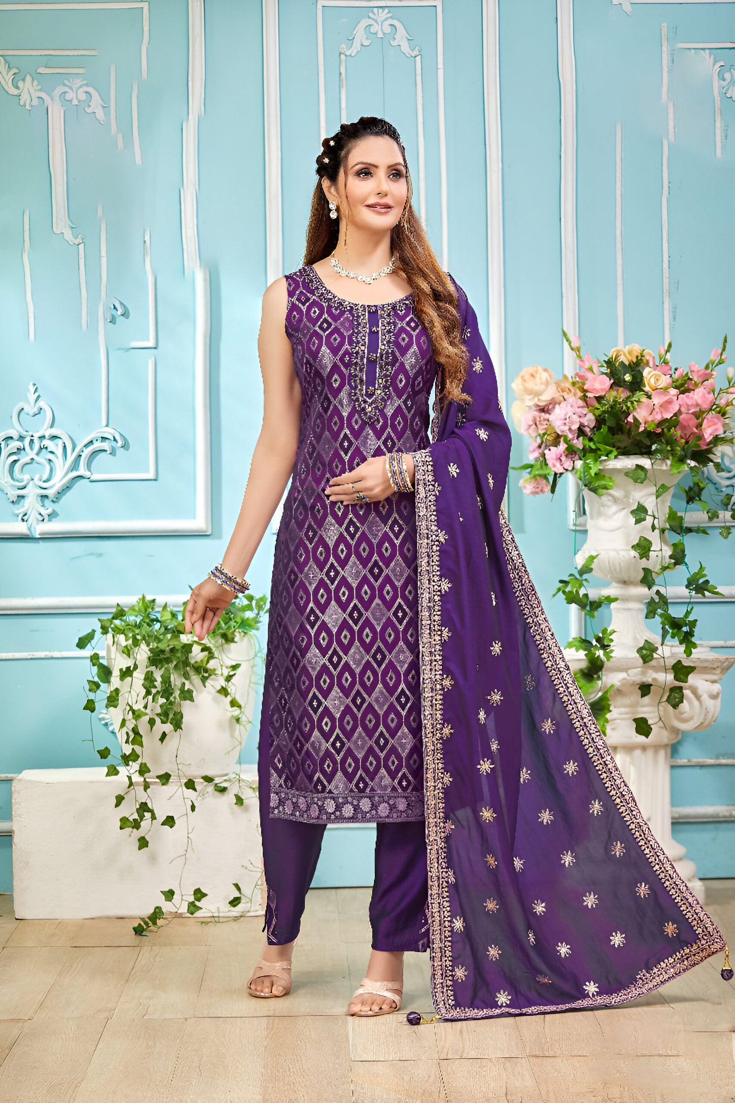 Purple and Silver Print Sleeveless Suit