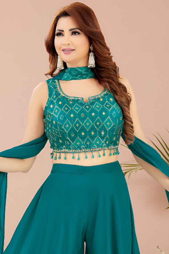 Teal Blue Embroidered Set with Palazzo & Dupatta