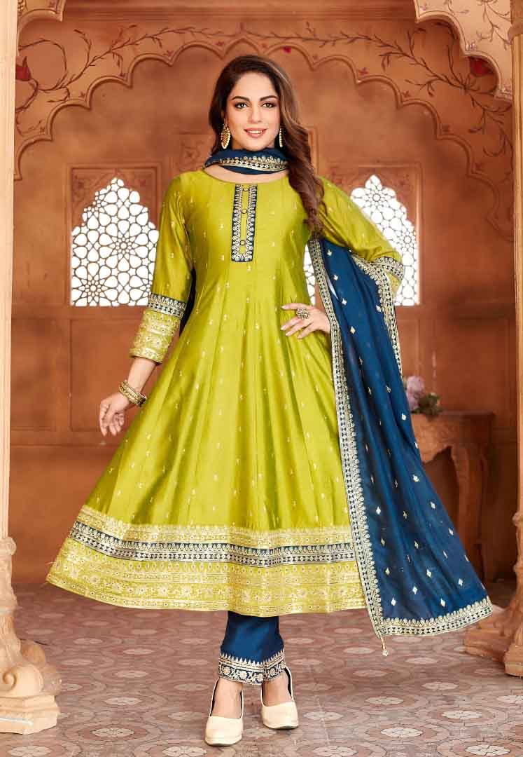 Lime Green Anarkali Kurta Set with Navy Dupatta
