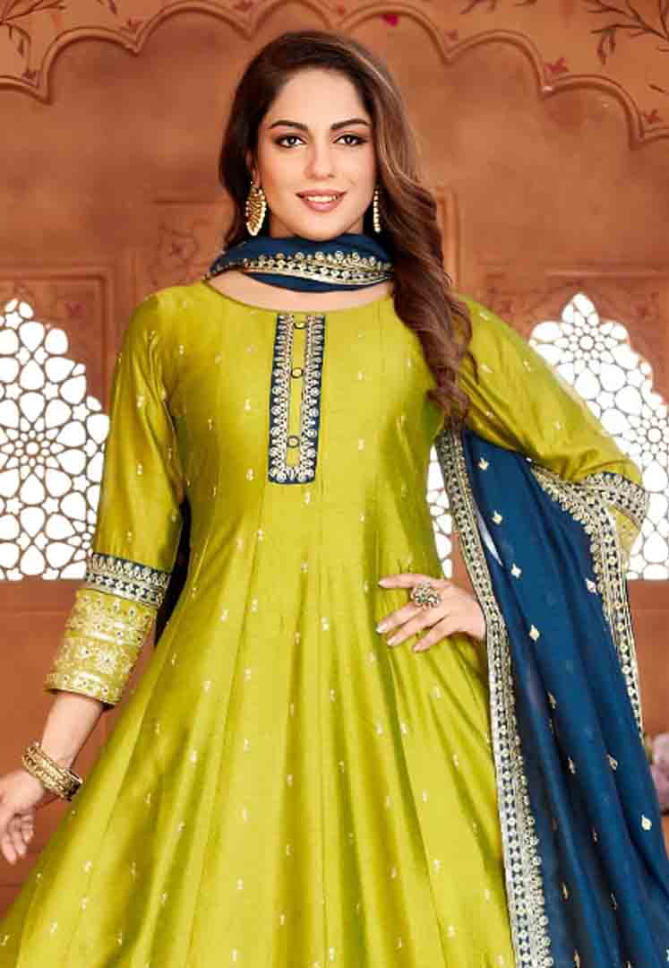 Lime Green Anarkali Kurta Set with Navy Dupatta