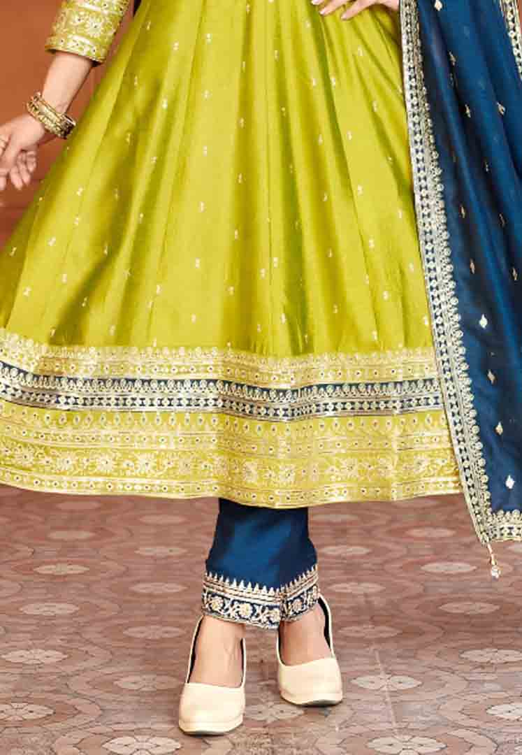 Lime Green Anarkali Kurta Set with Navy Dupatta