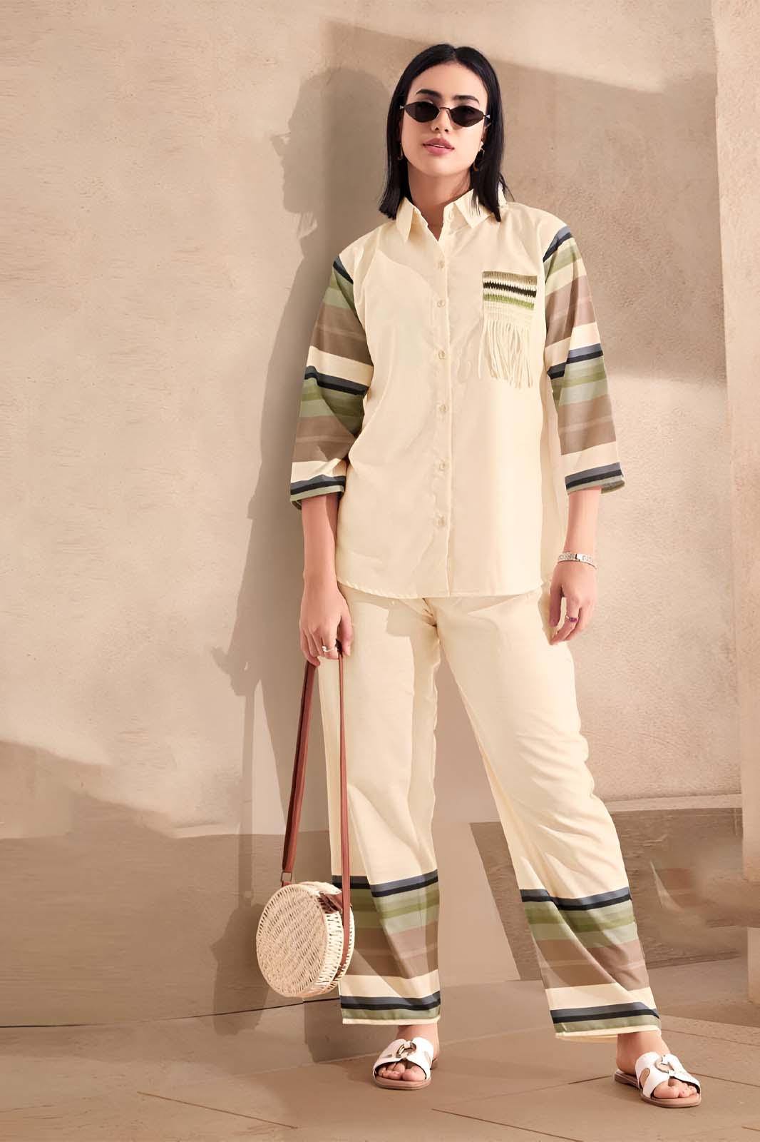 Beige Linen Co-ord Set with Striped Sleeves & Pants Hem