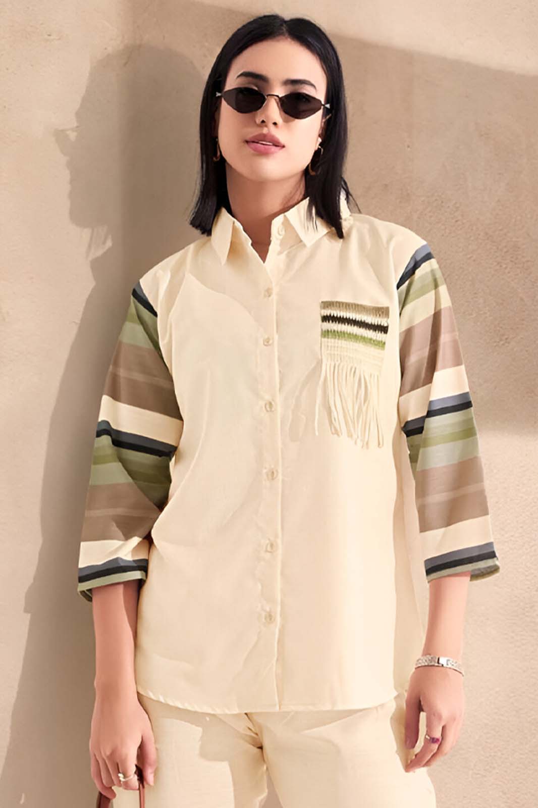 Beige Linen Co-ord Set with Striped Sleeves & Pants Hem
