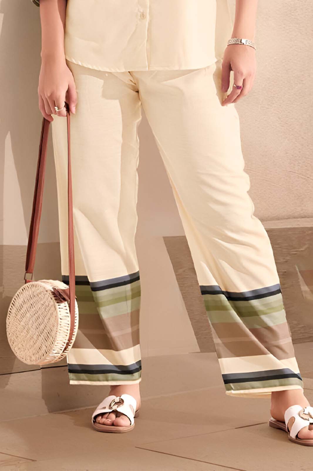 Beige Linen Co-ord Set with Striped Sleeves & Pants Hem