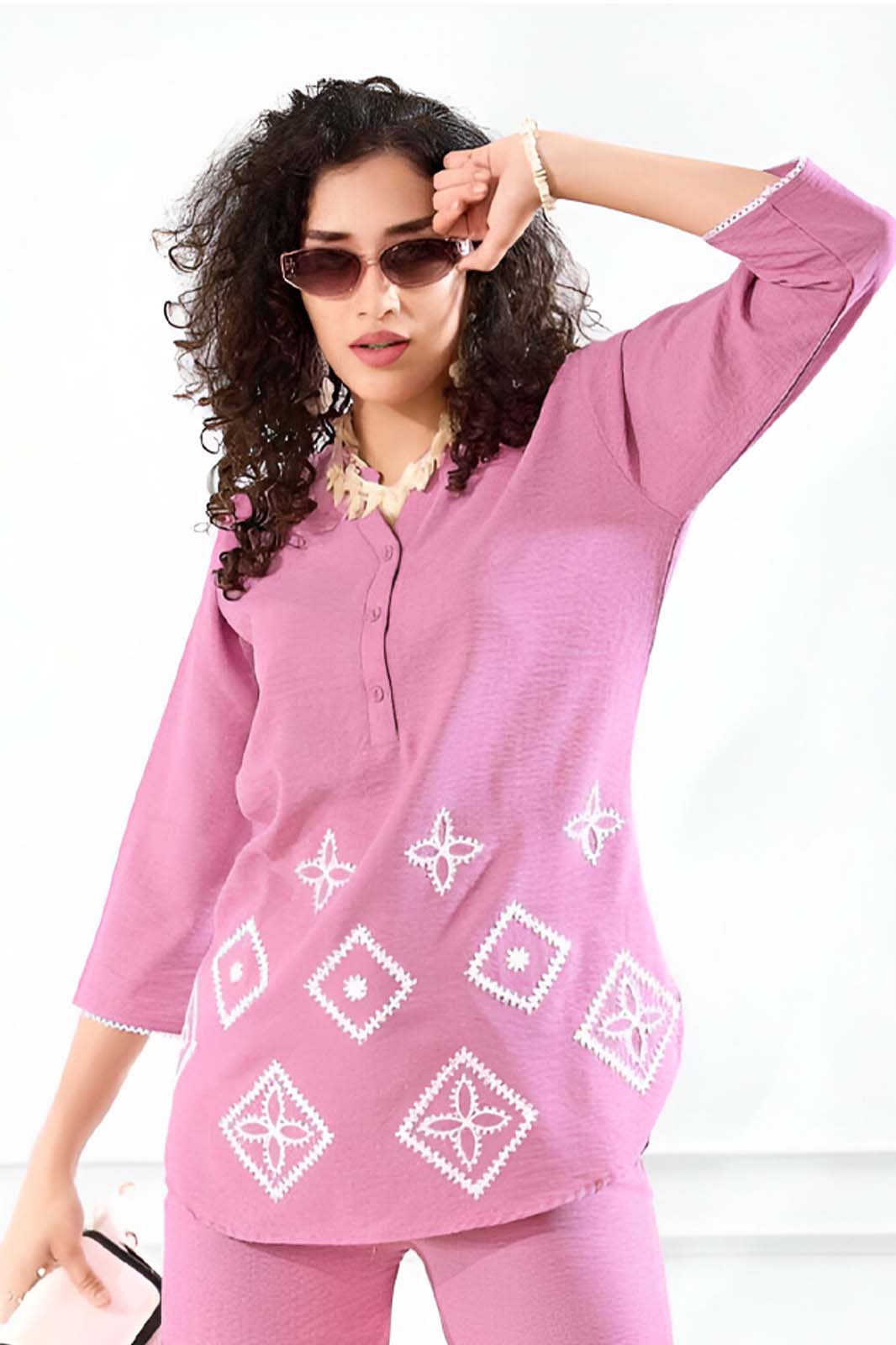 Pink Embroidered Co-ord Set in Premium Linen