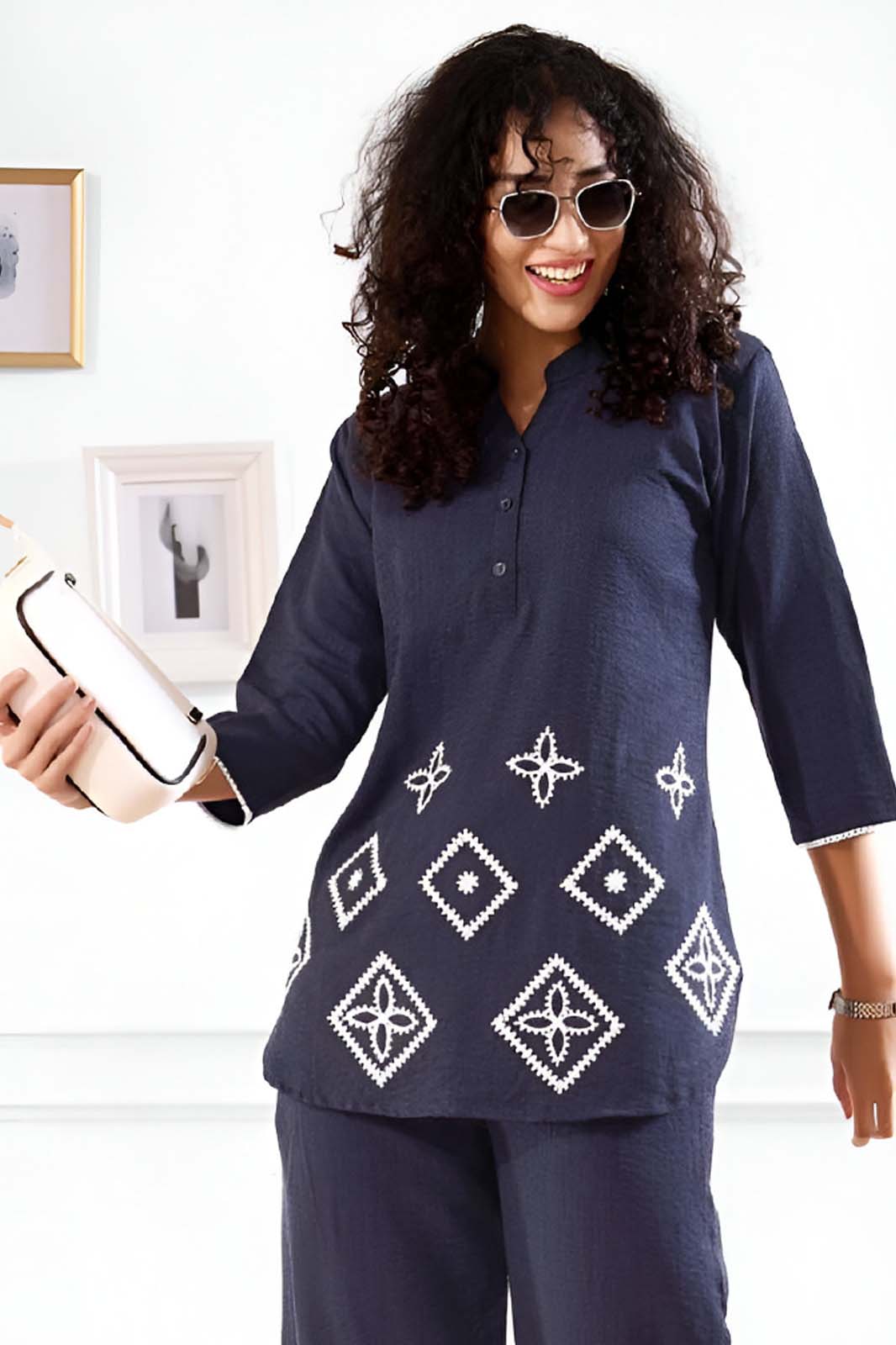 Navy Blue Embroidered Co-ord Set in Premium Linen
