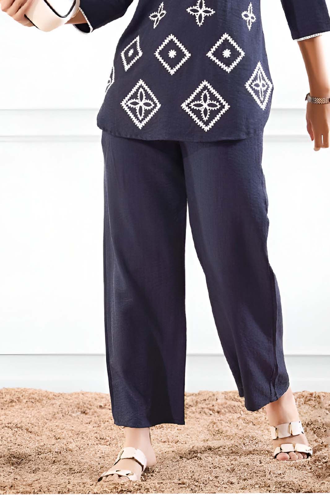 Navy Blue Embroidered Co-ord Set in Premium Linen