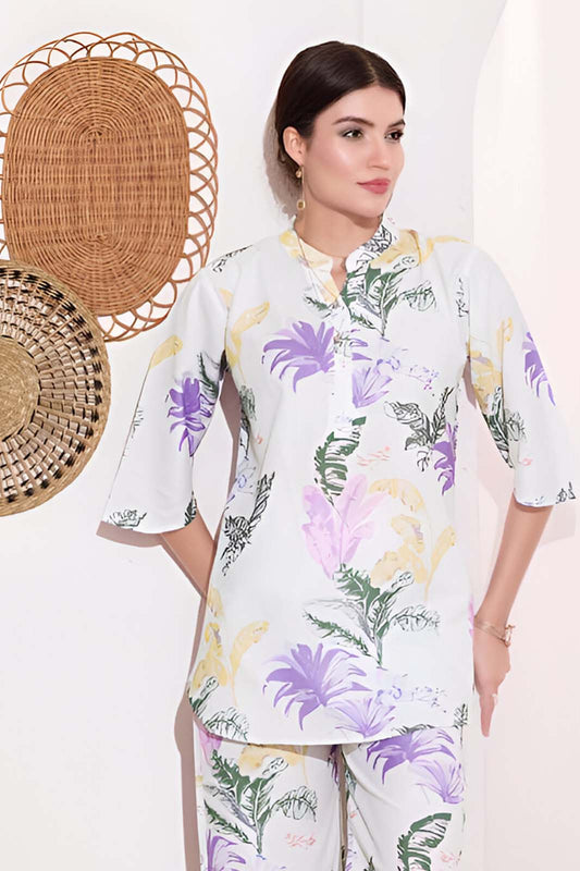 White Multicolor Floral Printed Co-ord Set in Premium Linen