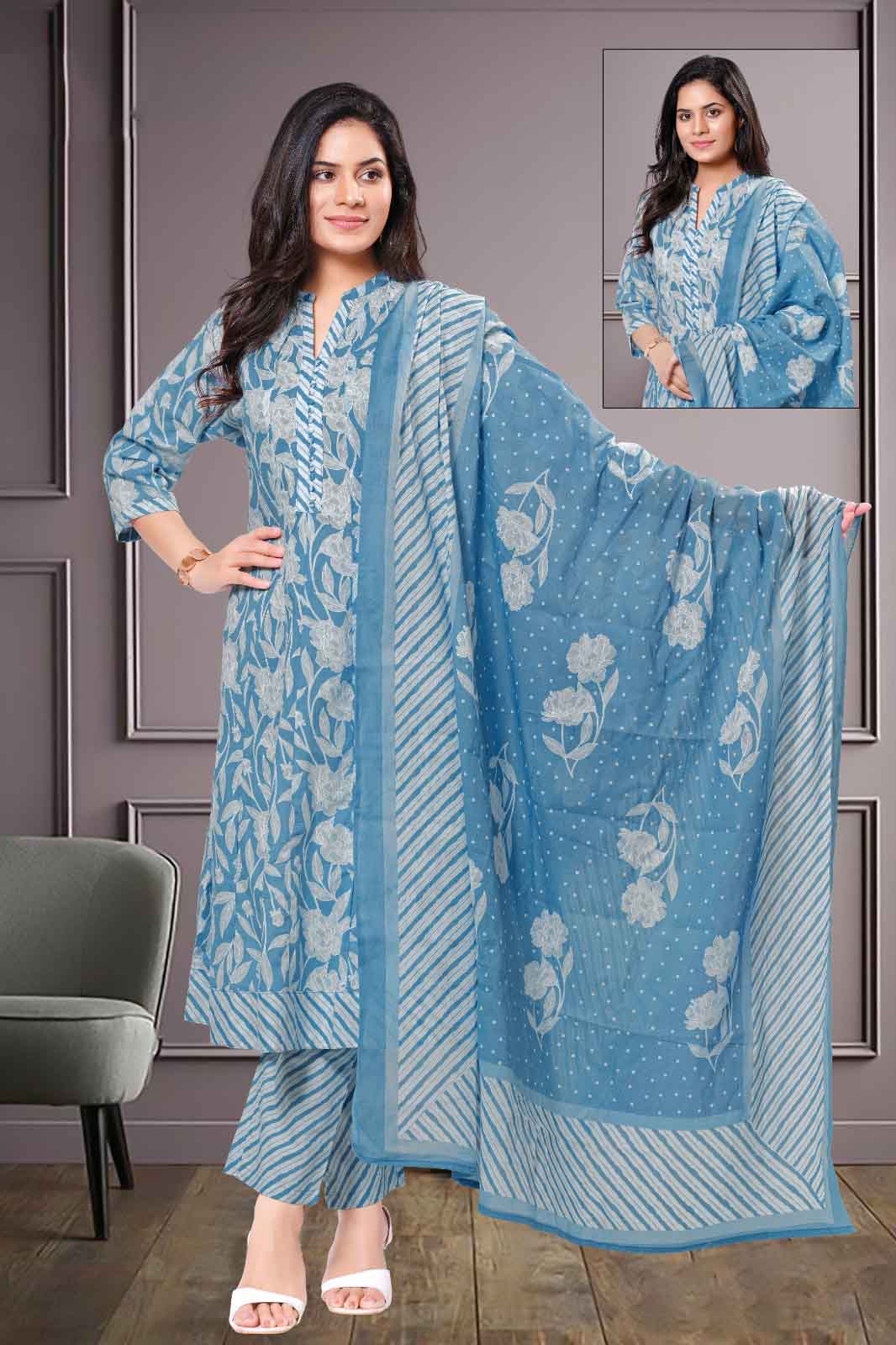 Blue Printed Cotton Kurti Suit with Floral Dupatta