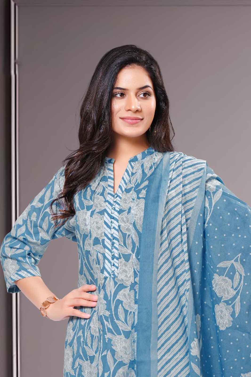 Blue Printed Cotton Kurti Suit with Floral Dupatta