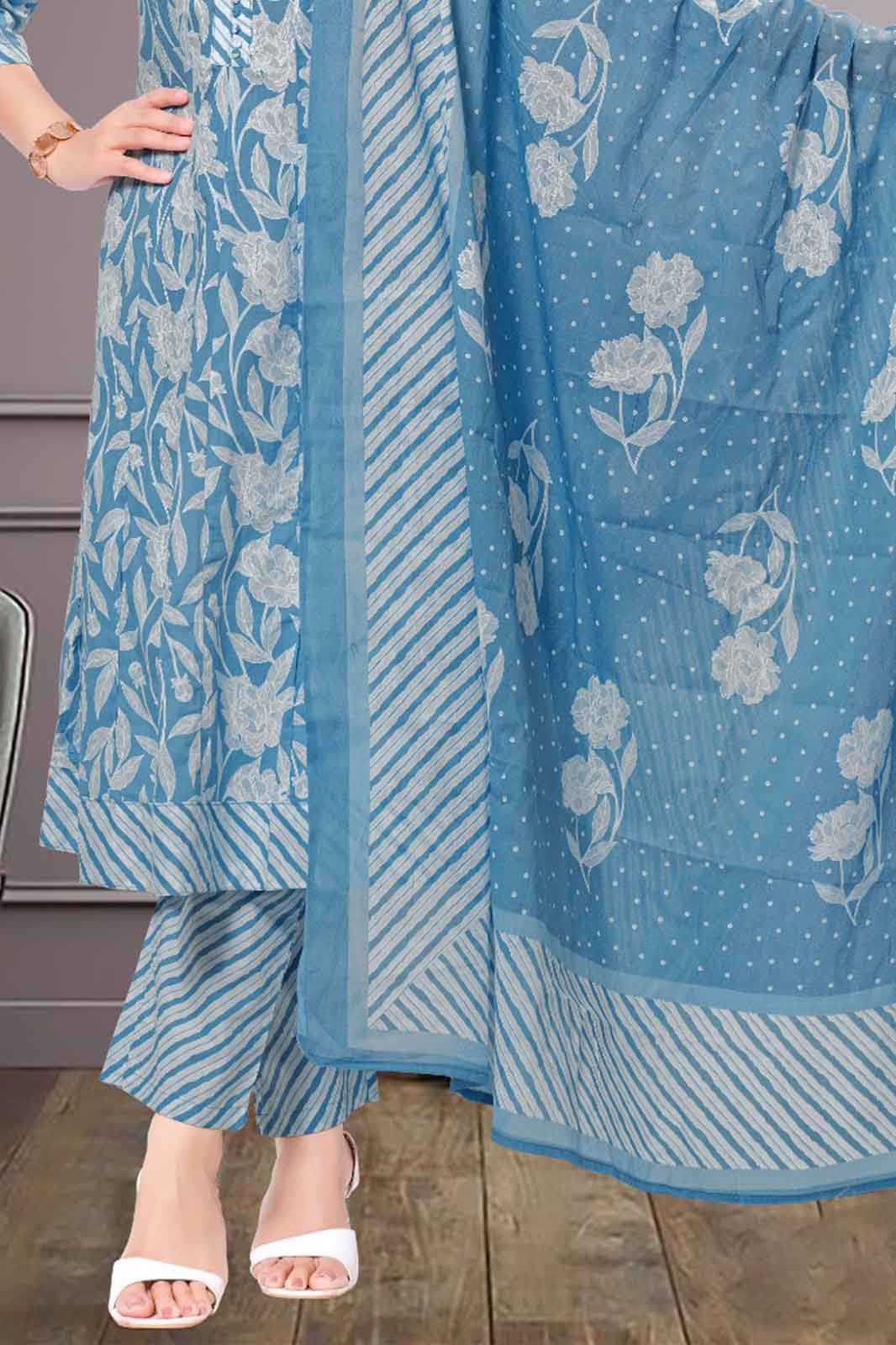 Blue Printed Cotton Kurti Suit with Floral Dupatta