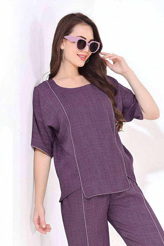 Purple Solid Co-ord Set with Contrast Stitch Detailing
