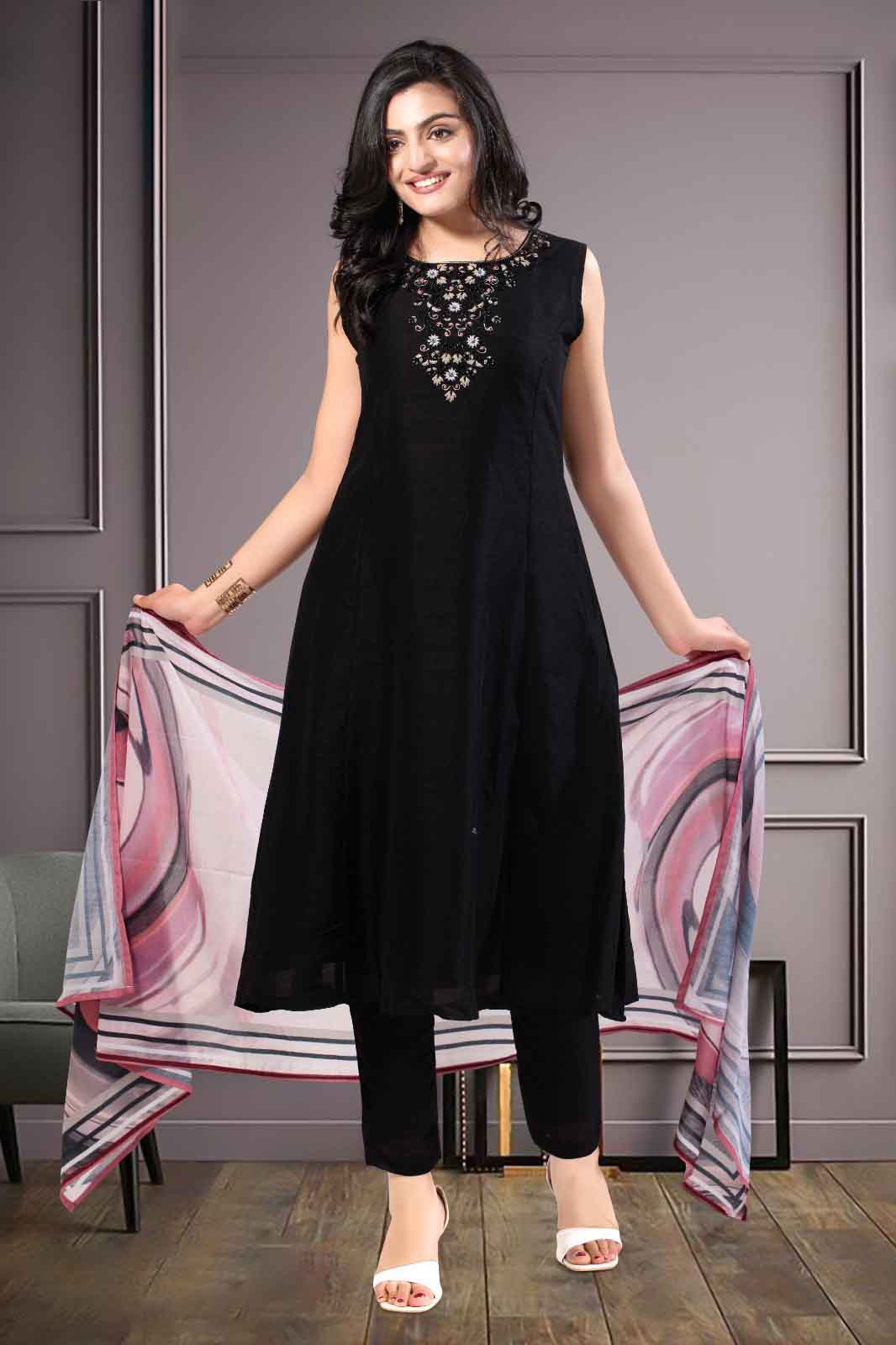 Black Embroidered Kurti Set with Artistic Dupatta