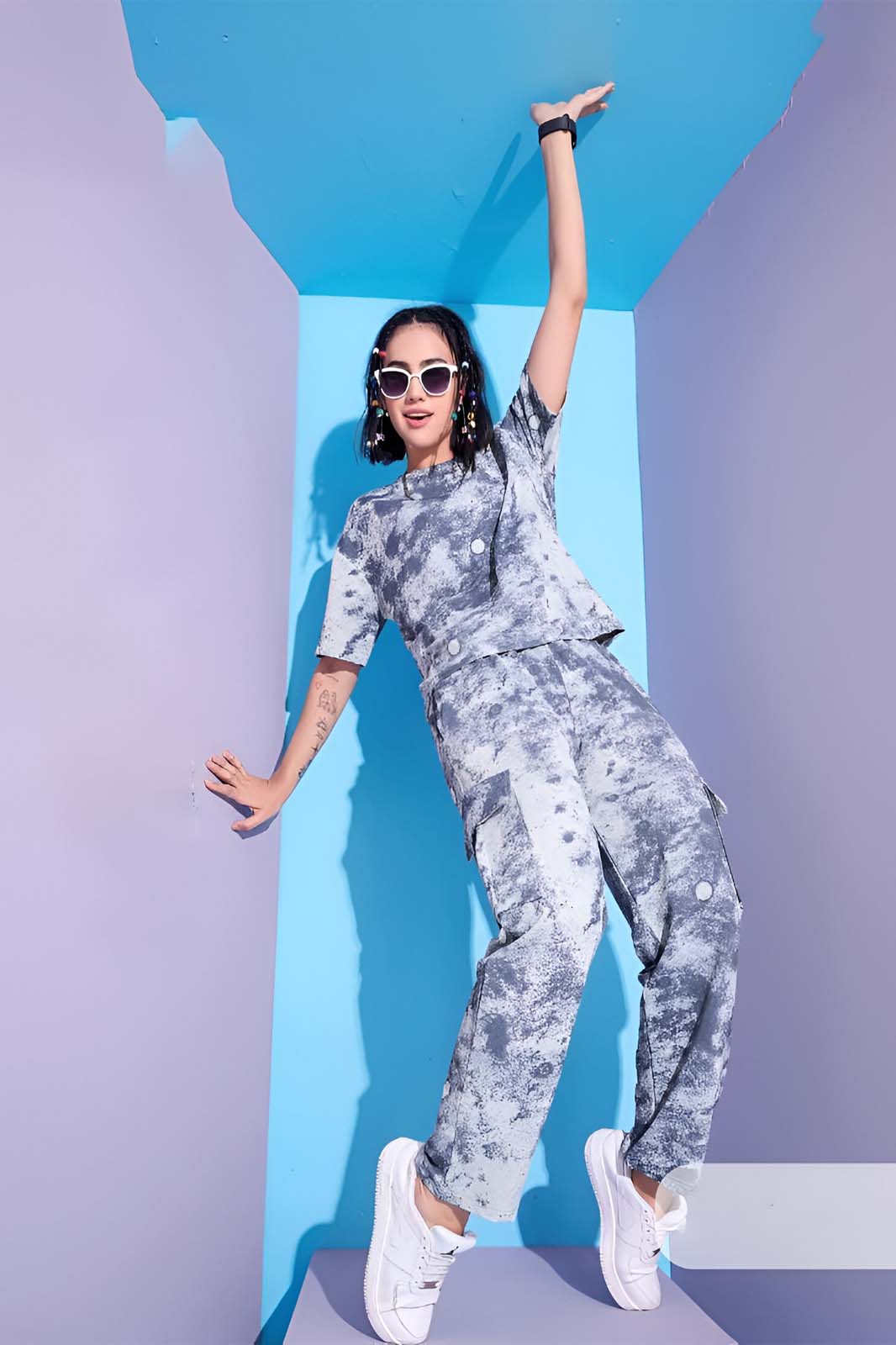 Blue Tie-Dye Co-ord Set with Cargo Pants in Stretch Lycra
