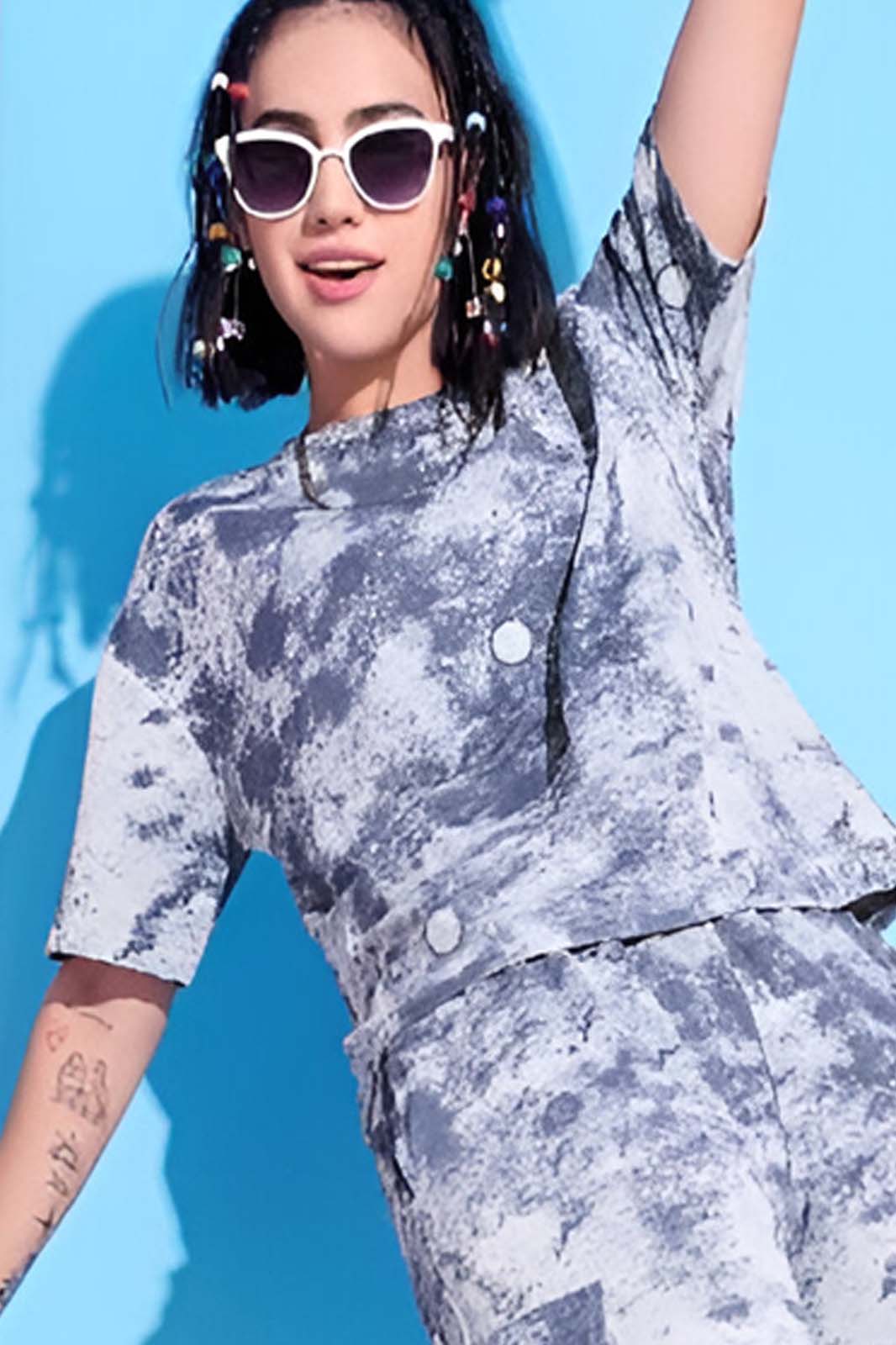 Blue Tie-Dye Co-ord Set with Cargo Pants in Stretch Lycra