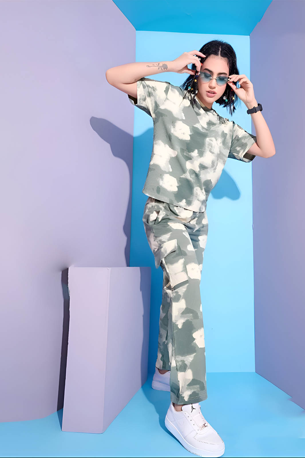 Green Tie-Dye Cargo Co-ord Set in Stretchable Lycra