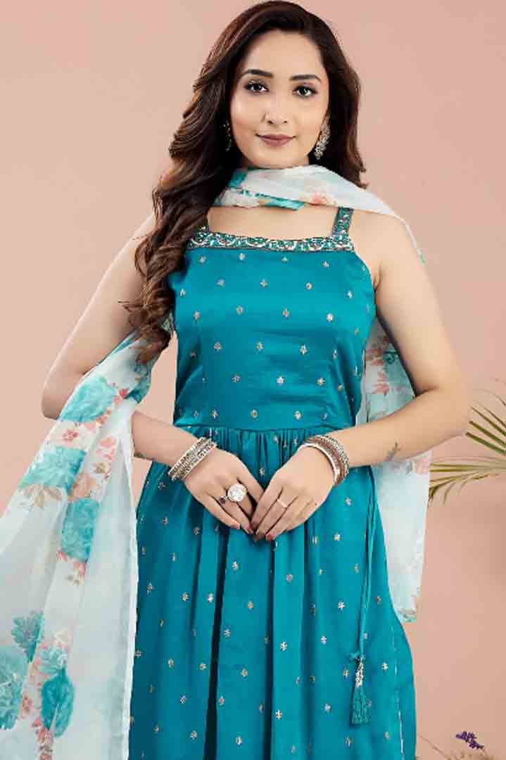 Teal Blue Angrakha Kurta Set with Floral Dupatta