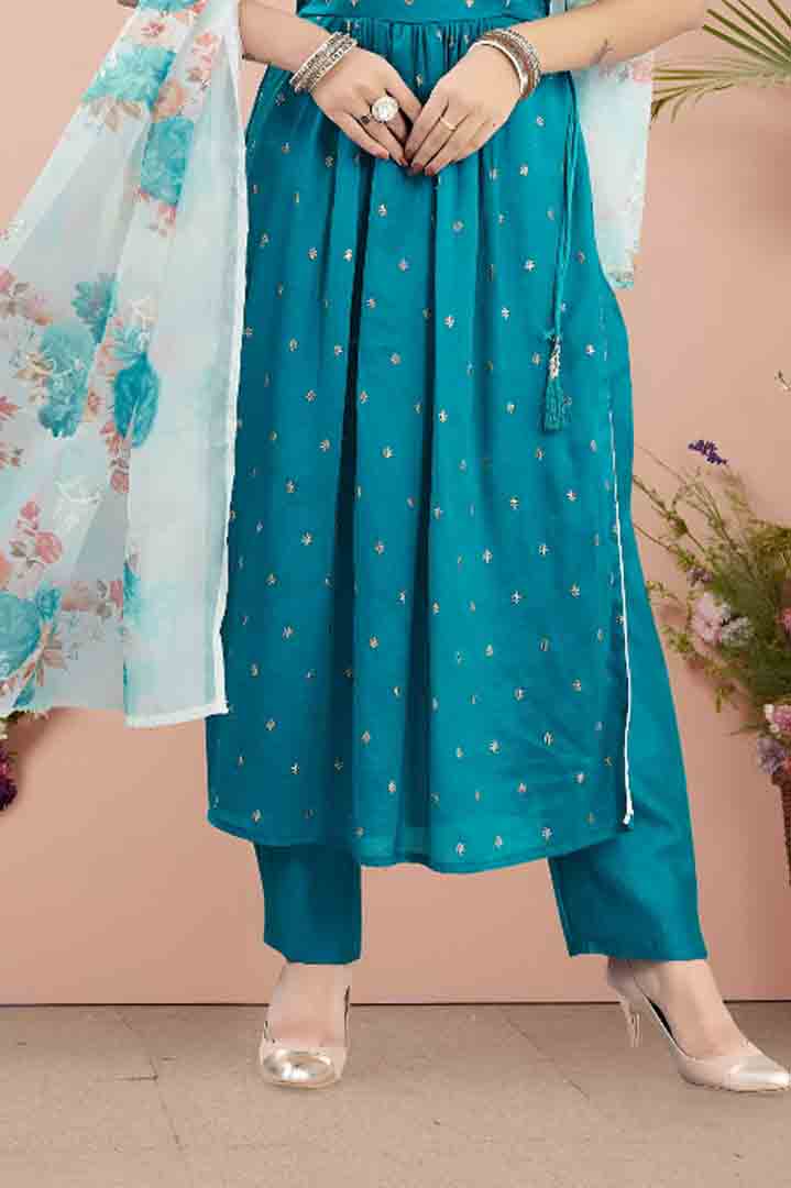 Teal Blue Angrakha Kurta Set with Floral Dupatta