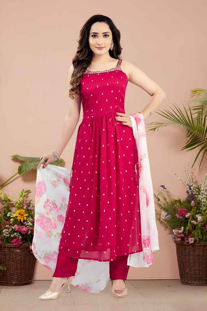 Pink Angrakha Kurta Set with Floral Dupatta