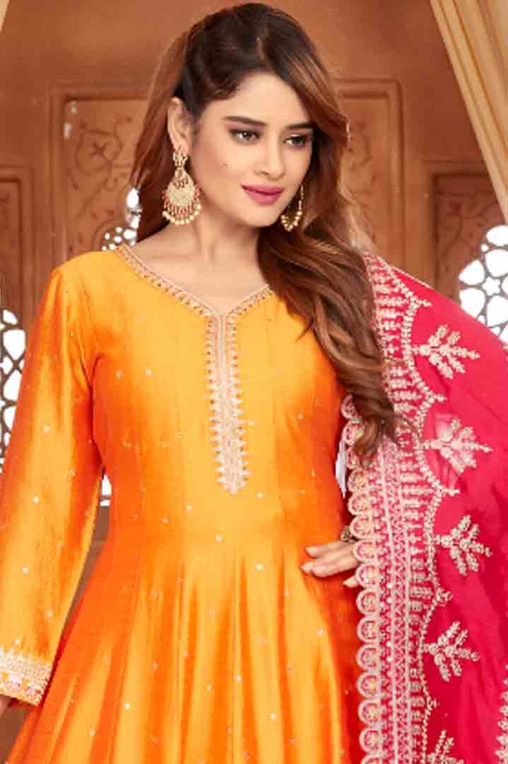 Orange Anarkali Set with Deep Red Embroidered Dupatta