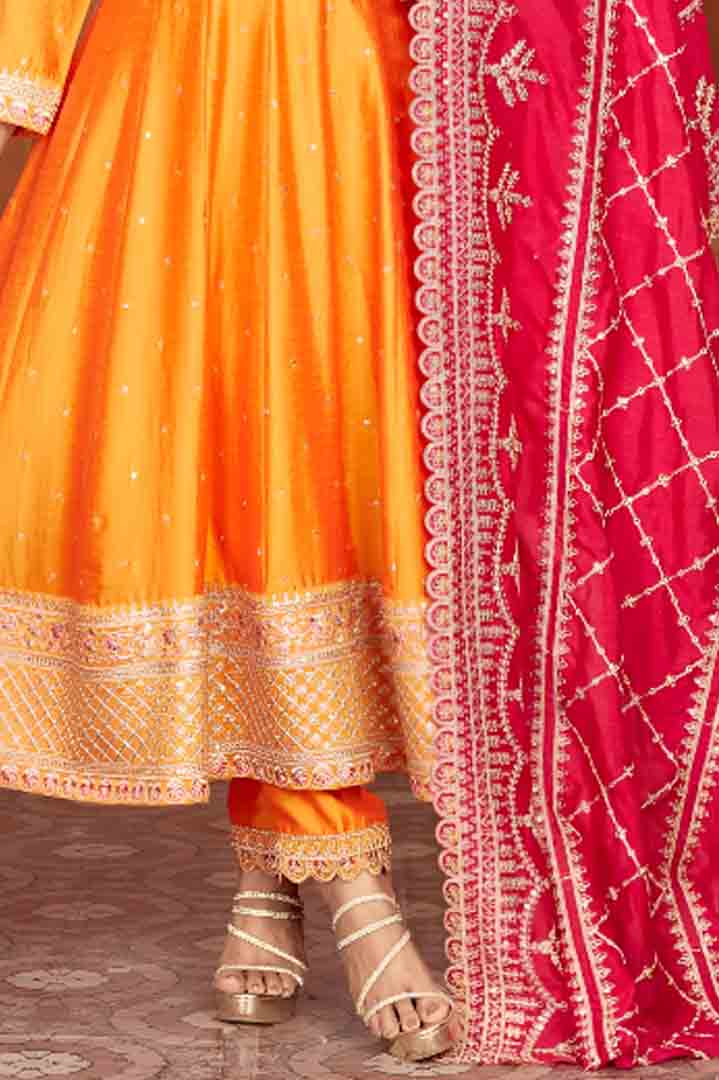 Orange Anarkali Set with Deep Red Embroidered Dupatta