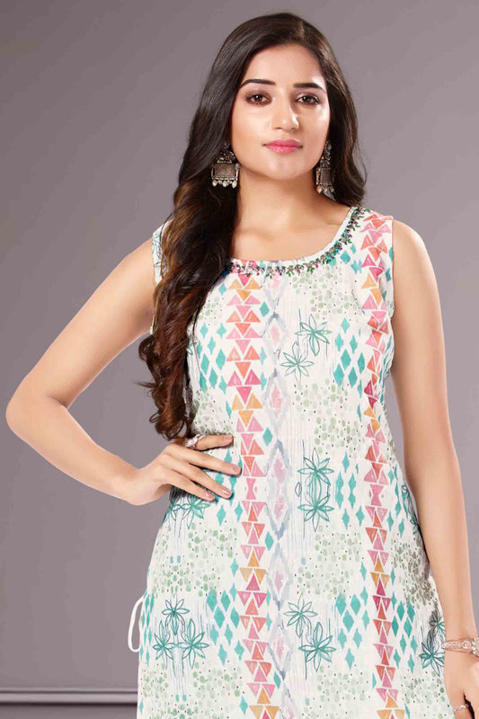 Printed Straight Kurti in White Multicolor