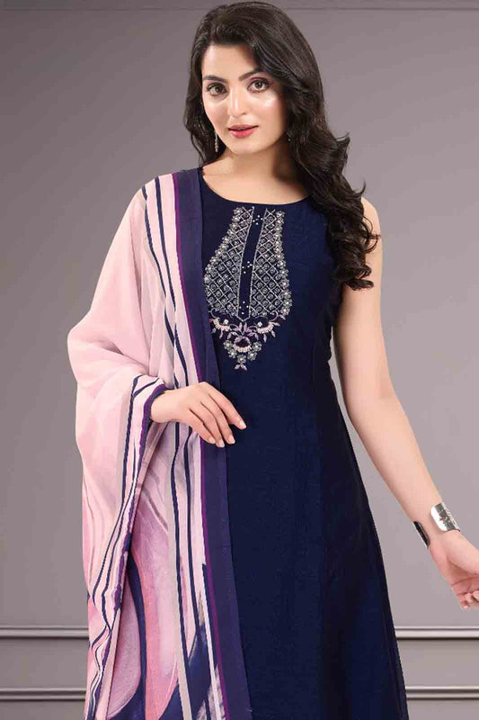 Navy Blue Embroidered Kurti Suit with Pink Dupatta
