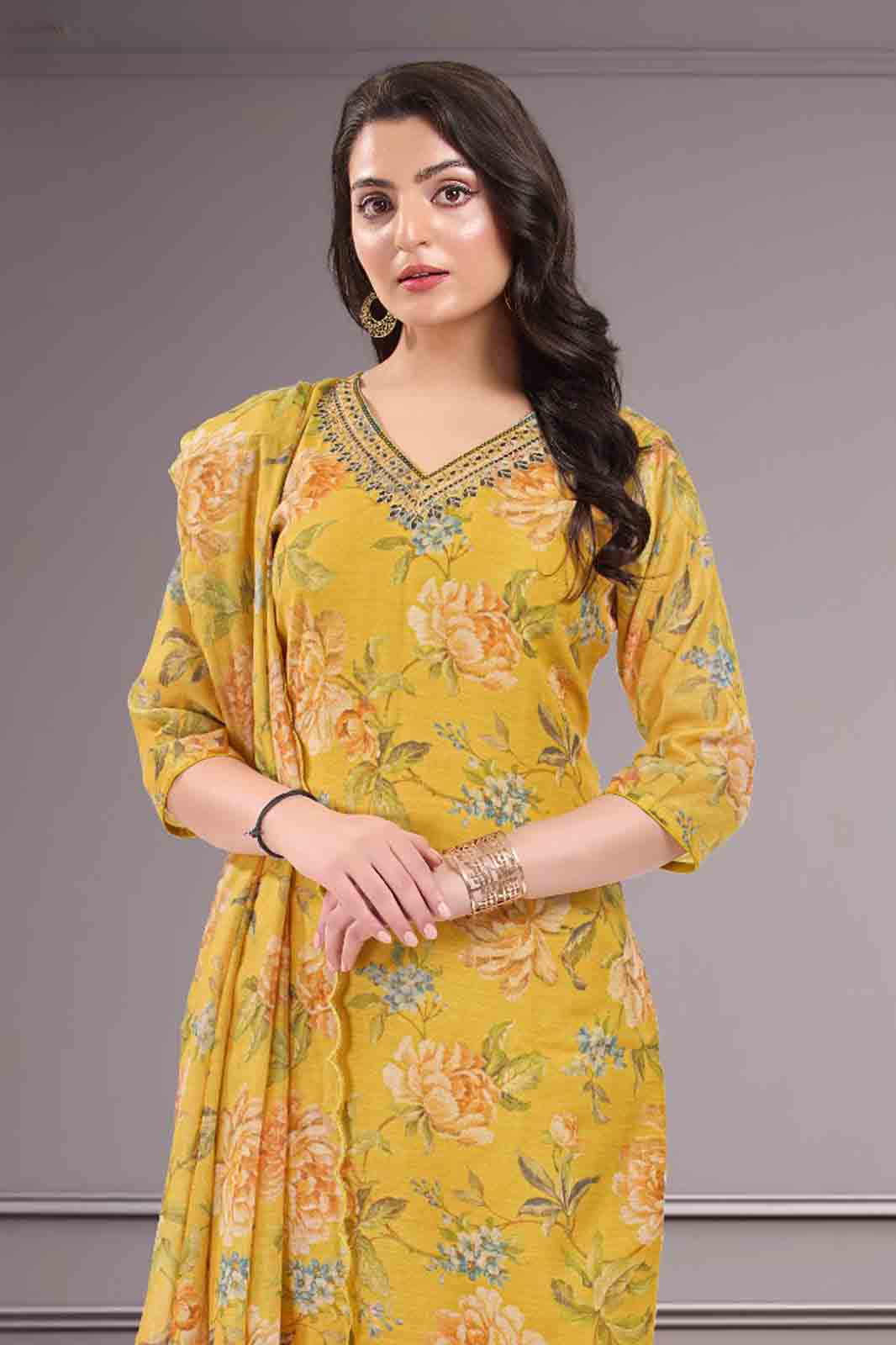 Yellow Floral Printed Kurti Suit Set with Embroidered Neckline
